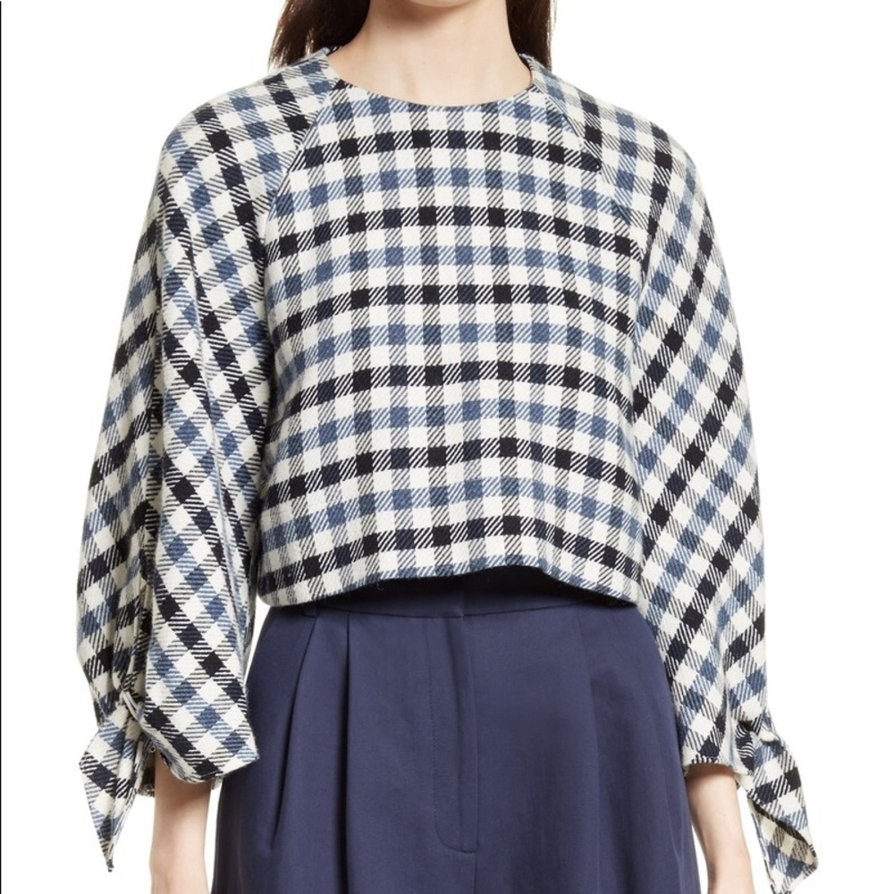 Tibi Fairfax Gingham Tie Sleeve Cropped Top